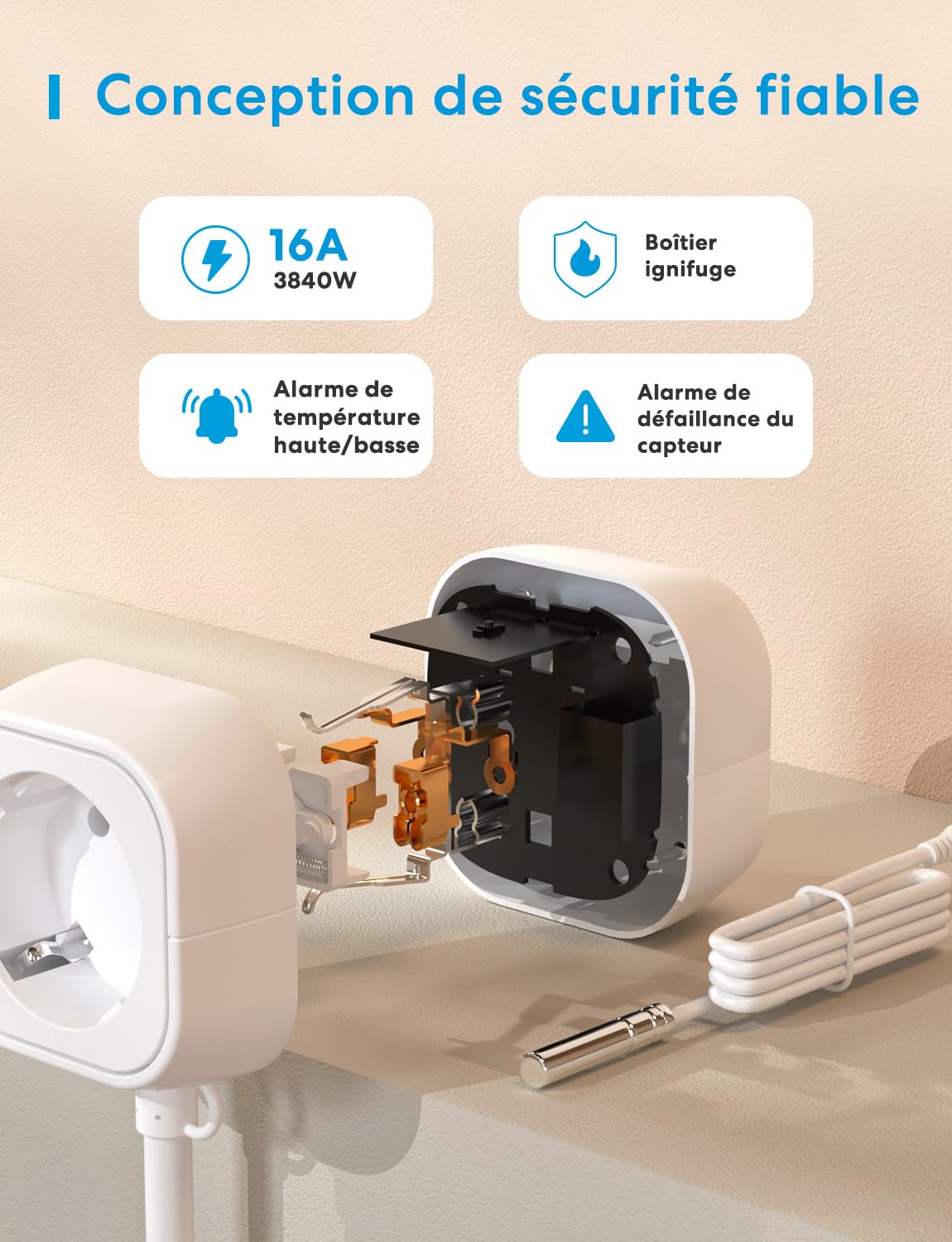 Meross Prise Thermostat Connectée WiFi pour Reptile Terrarium, ±0.5°C avec Sonde IP68, Régulateur Chauffage Refroidissement Compatible HomeKit Alexa, Contrôle à Distance pour Incubateur Serre