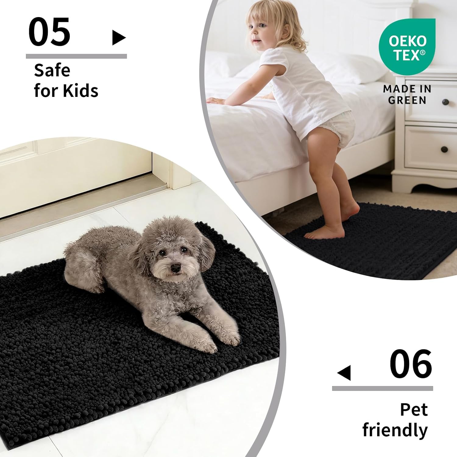 Black Bathroom Rug 24x44 Inch - Thick Chenille Bath Mat, Large Shaggy Plush Absorbent Rug, Non-Slip Machine Washable Floor Mat for Double Vanity