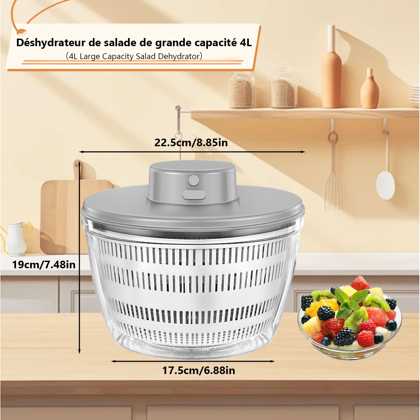 Essoreuse à Salade électrique - 4000 Ml, Rechargeable USB, Séchage Rapide, Démontable Pour Un Nettoyage Facile, Pour Légumes, Fruits Et Herbes (bleu)