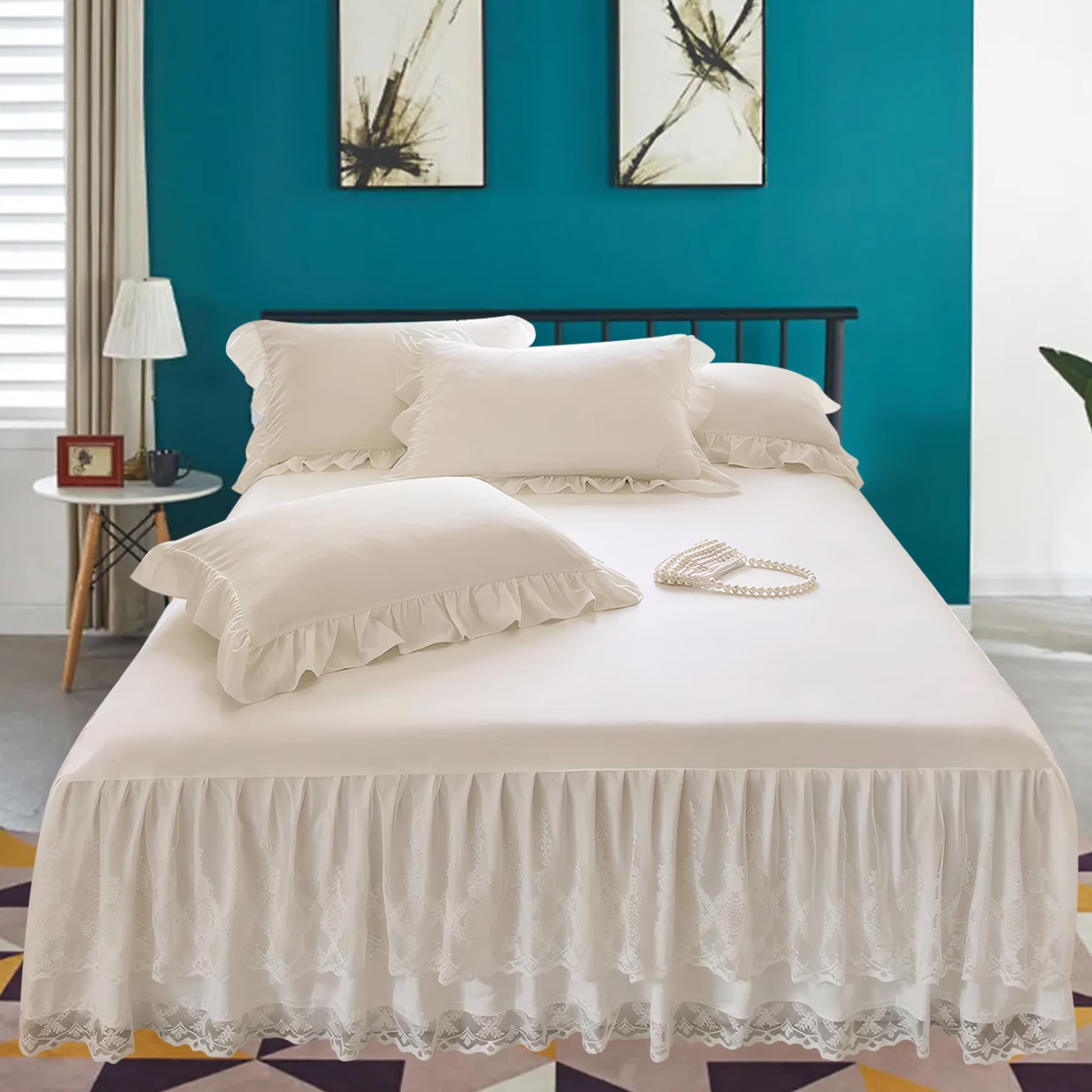 Gonna da letto con volant per letto – Gonna in pizzo a 3 strati con 16 cadute, elegante avvolgente intorno a 59x79'' per nascondere sotto i contenitori