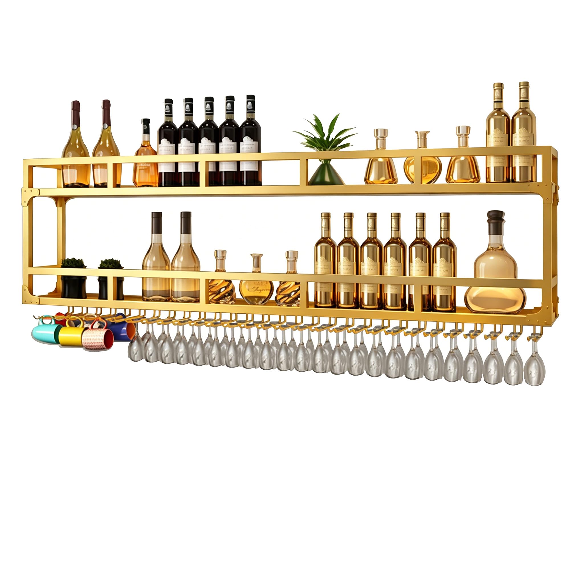 Metal Bar Shelves Wine Rack Wall Mounted Liquor Bottle Display Shelf with Wine Glass Rack and LED Light Kitchen Racks for Wine Bottles Floating Bar Mini Bar for Home Bar Restaurant Cafe Kitchen(Gold,1
