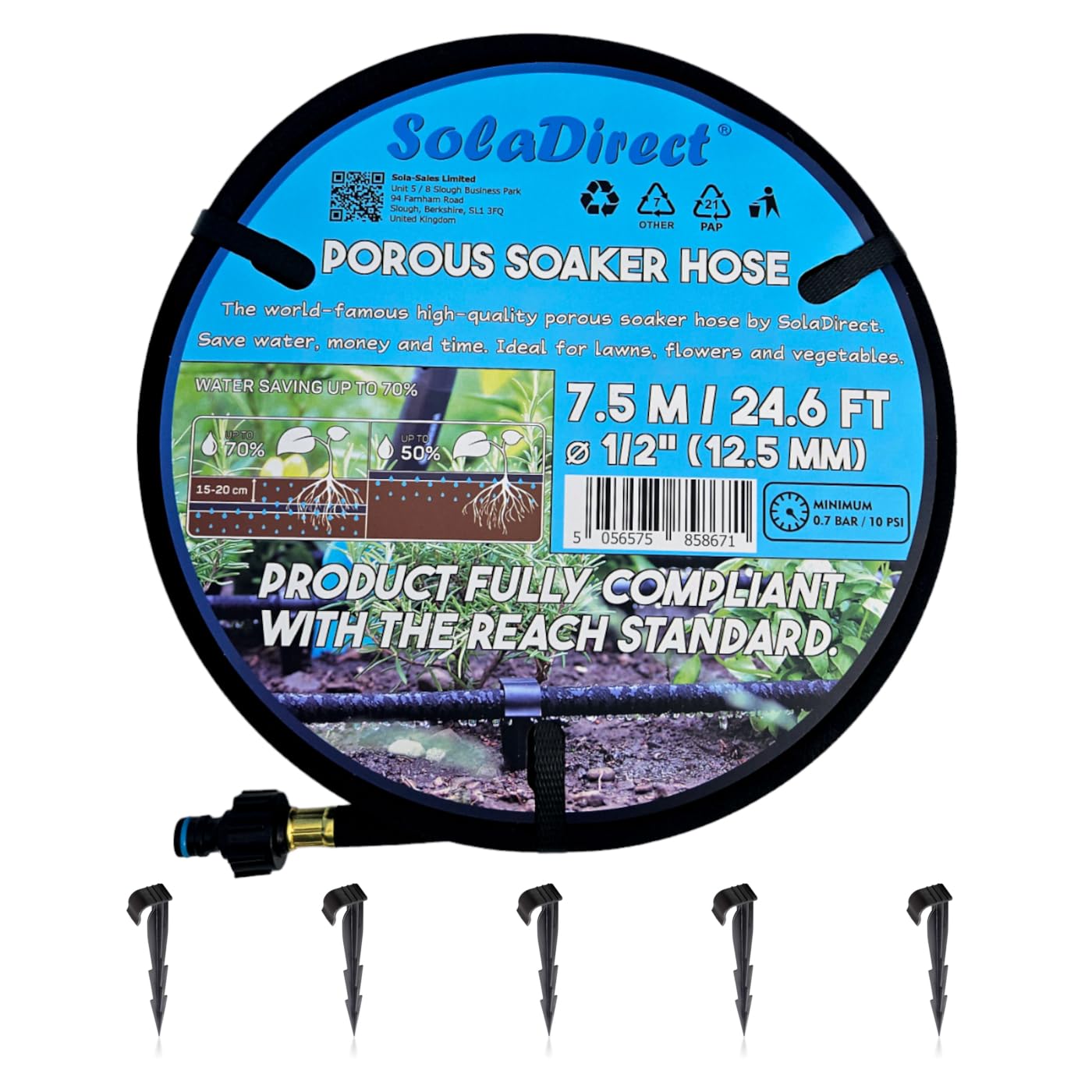 SolaDirect Soaker Hose, Porous Pipe, 7.5 m / 24.6 ft Long with Connectors, Reach Compliant, Water Saving up to 70%, Perfect for Lawns, Flowerbeds, Vegetable Gardens and Greenhouses + 5 Ground Pegs