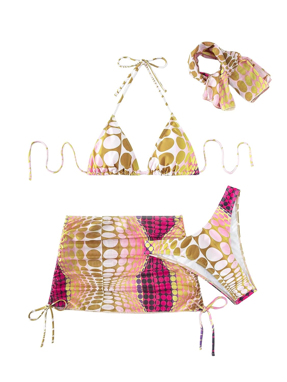 Womens 4 Piece Swimsuits Halter Triangle Bikini Sets Bathing Suit with Mesh Cover Up Skirt Bandana