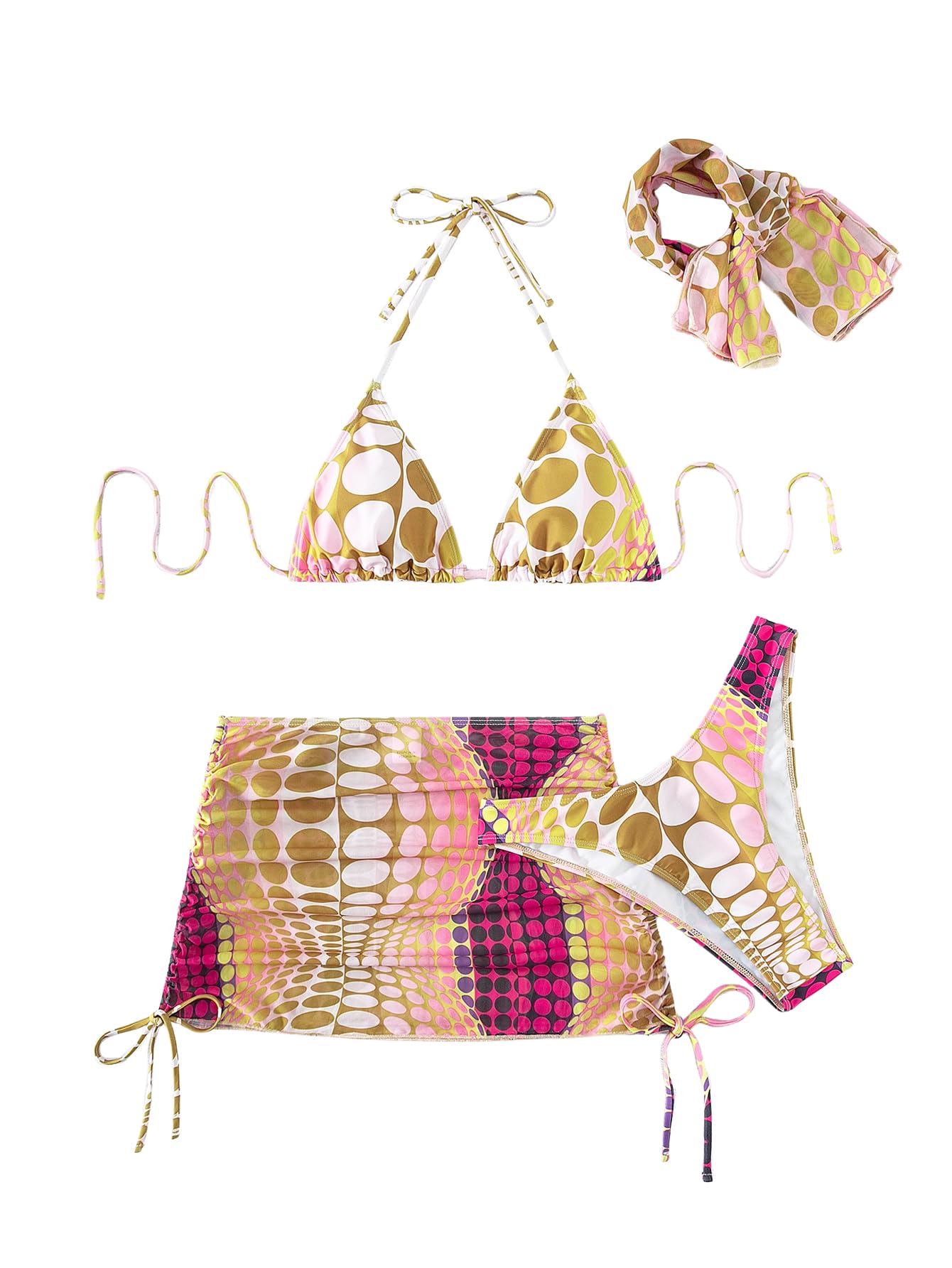 Womens 4 Piece Swimsuits Halter Triangle Bikini Sets Bathing Suit with Mesh Cover Up Skirt Bandana