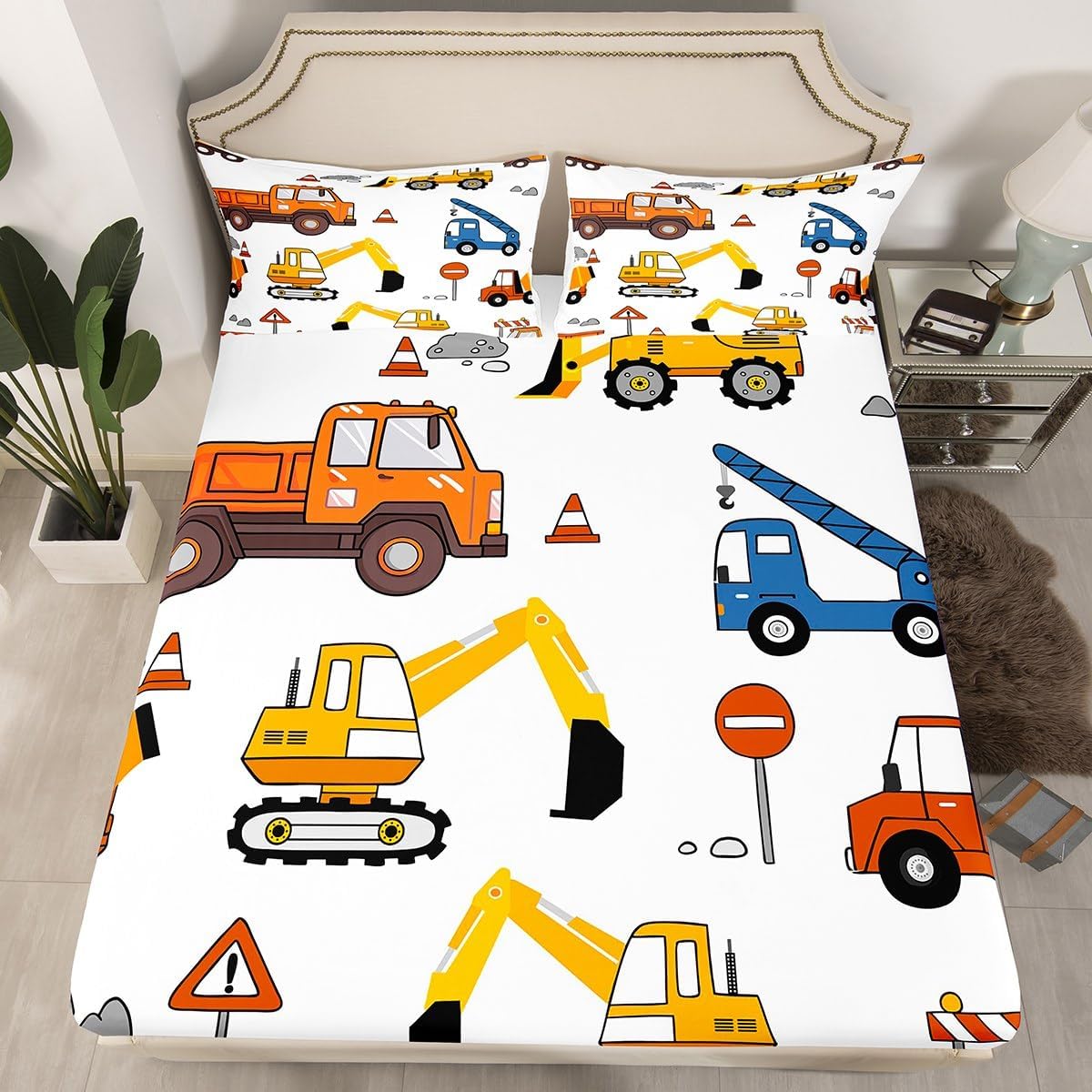 Tractor Bedding Set Cartoon Excavator Vehicle Bed Sheets Full Size, Construction Equipment Car Fitted Sheet 3 Pieces for Toddler Kids Boys Youth, 1 Fitted Sheet 2 Pillowcases, Yellow Red White