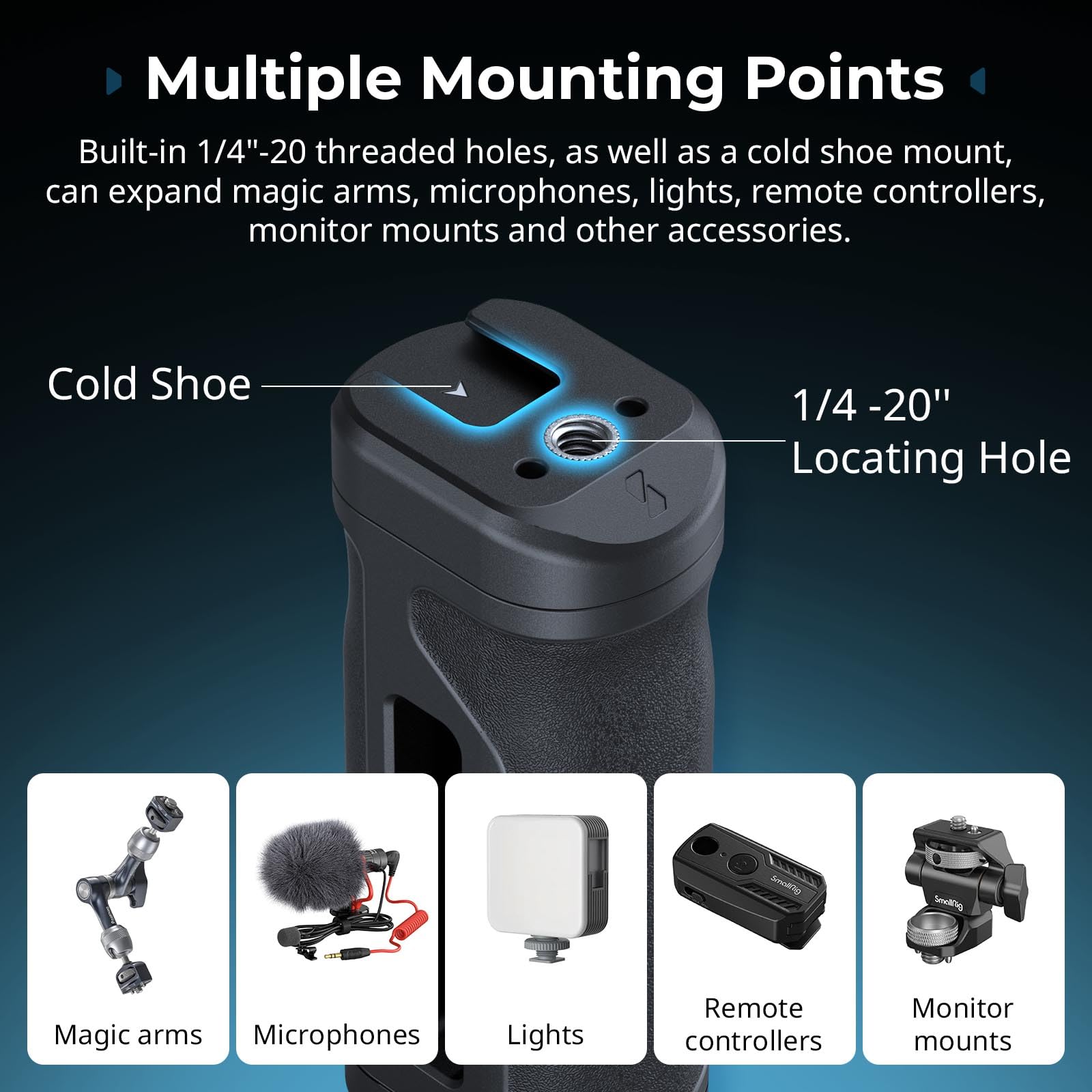 SMALLRIG Kit de Mini-Poignée Latérale Légère avec Trous Filetés 1/4"-20 et Pince OTAN, Capacité de Charge Jusqu'à 10 kg, Poignée Ergonomique pour Appareil Photo, pour Gaucher ou Droitier - 5532