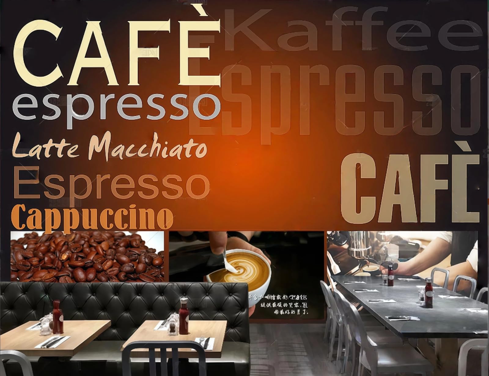 Xdoubao 3D Wallpaper Retro Nostalgic Hand-Painted Coffee English Letters Theme Dessert House Coffee Shop Background Mural Western Restaurant Wallpaper,,430X300cm