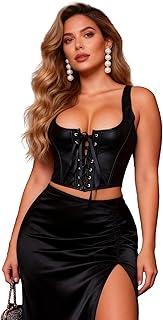 Corset Femme Bustier Grande Taille XS-5XL Sexy Corset Simili Cuir Bustier avec 12 Baleine Debardeur Compression Bretelles Croisées Réglable Costume Medieval Lingerie Steampunk avec String