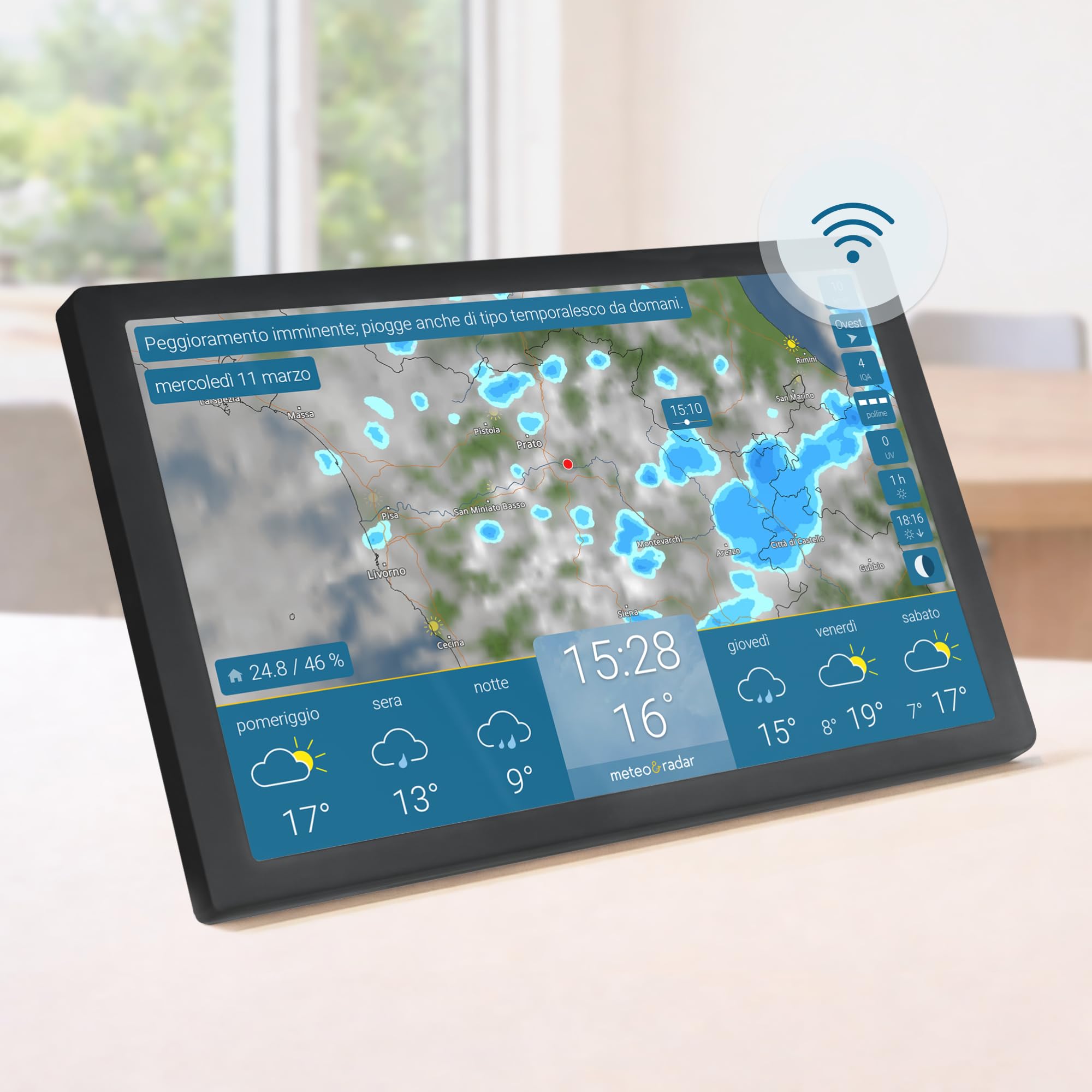 meteo & radar home 4 Display, Stazione Wi-Fi con Radar meteo: Filmato animato sul tempo su display HD+ a colori, design elegante, allerte maltempo, previsione a 14 giorni, dati meteorologici premium