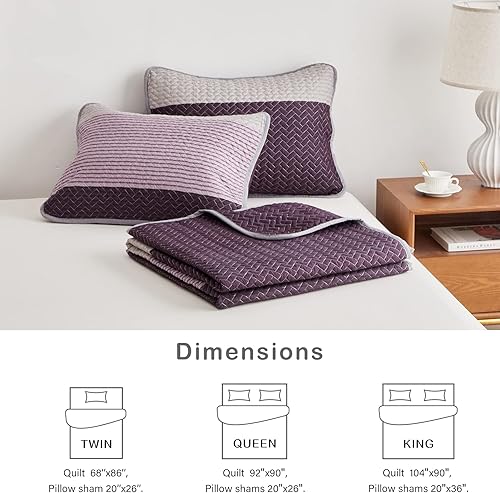 Miniatura 5 de Flysheep Juego de edredón bohemio a rayas tamaño individual, 2 piezas de edredón reversible morado y gris, colcha de microfibra cepillada para todas