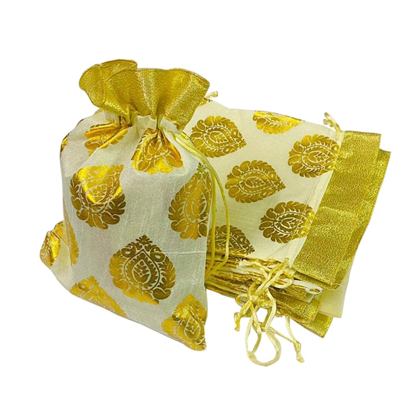 Pack of 25, 9 X 7 inch Medium Size Printed Silk Gift Bags/Potli/Pouches (White)