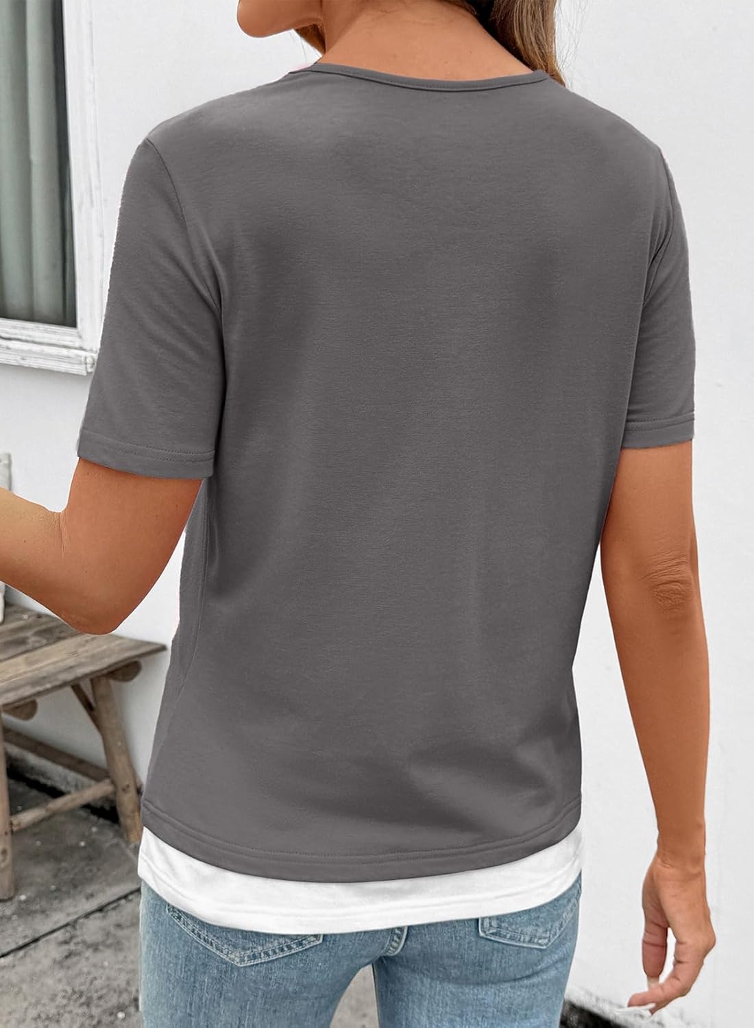 SHEWIN Womens Tops Casual Crewneck Color Block Short Sleeve Mock Double Layer T-Shirt Summer Outfits for Women 2026 - Image 2