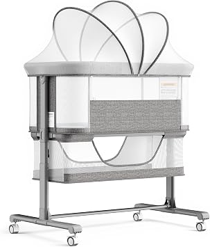 Kinder King Baby Bassinet Bedside Sleeper, Large Storage, Grey | Adjustable Heights, Newborn Baby Bedside Crib, Mosquito Net, Lockable Wheels, All-Sided Mesh, No Tool to Install, 0-6 Months