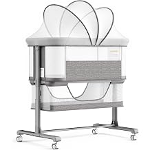 Kinder King Baby Bassinet Bedside Sleeper, Newborn Baby Bedside Crib w/Storage, Mosquito Net & Lockable Wheels, All-Sided Mesh, Adjustable Height, Removable Soft Mattress, No Tool to Assemble, Grey