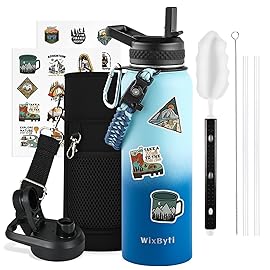 WixByti 40 oz Insulated Water Bottle with Straw (Cold for 48 Hrs), Stainless Steel Triple Wall Vacuum Sports Water Jug, Leakproof Hydro Cup Flask with Paracord Handle & Straw Spout Lids & DIY Stickers