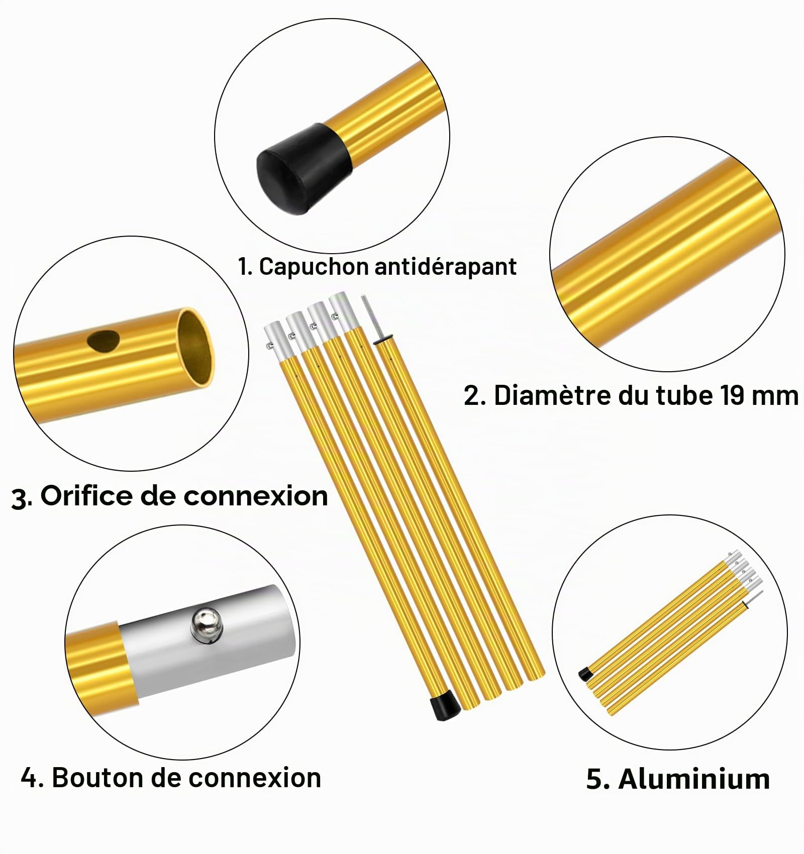 KOMCLUB Lot de 4 poteaux de tente télescopiques en aluminium - Pour les mouches de tente, légères et réglables - 1,9 m
