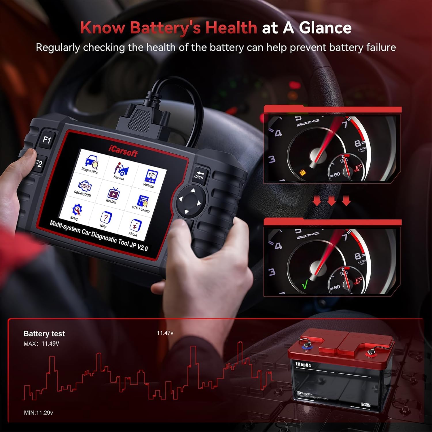 iCarsoft JP V2.0 Diagnostic Tool for Daewoo/Toyota/Honda/Mitsubishi/Suzuki/Mazda/Hyundai, Full System OBD2 Scanner with 9 Service Function, Oil/EPB/BMS/ETC/SAS/BLD/INJ/TPMS/DPfilter