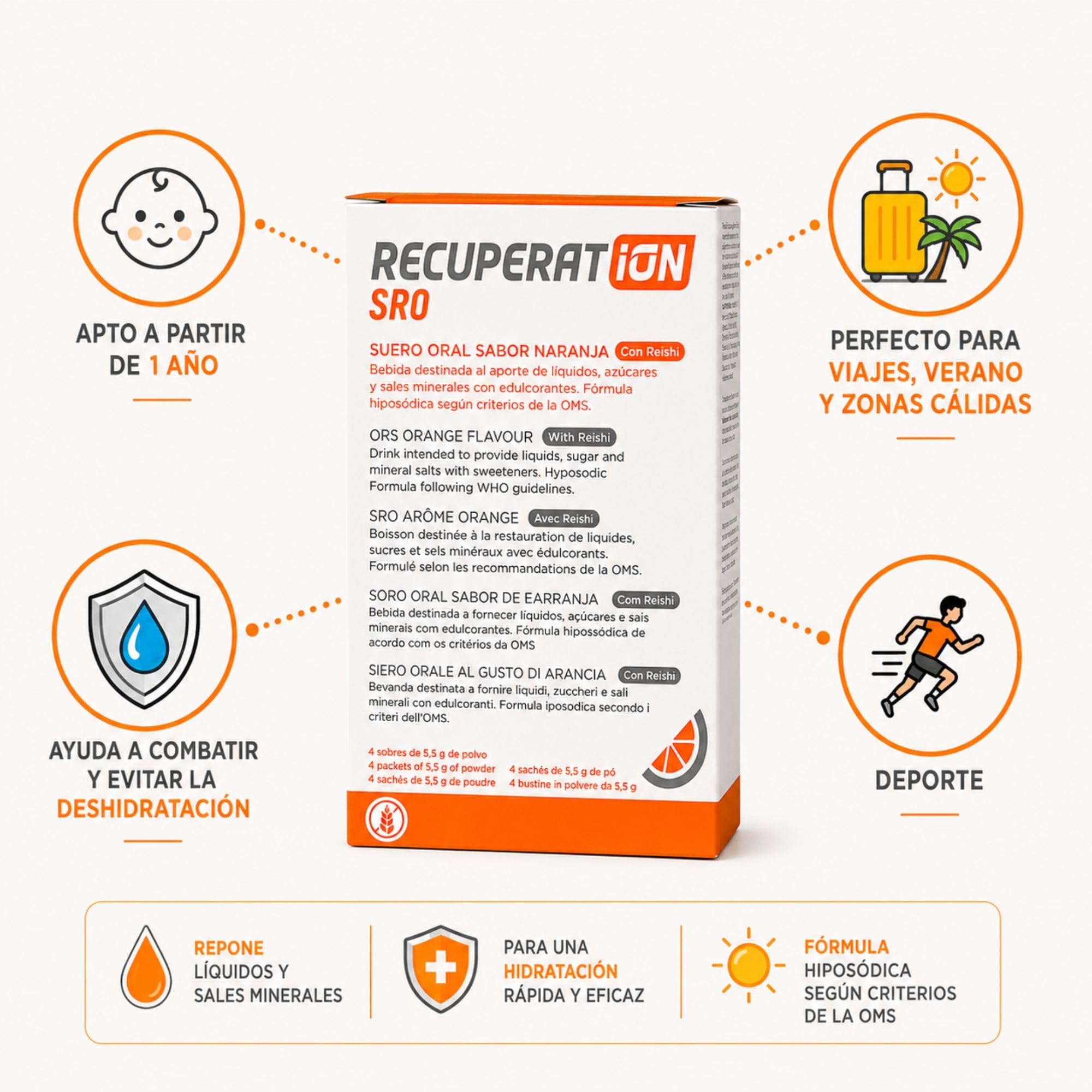 Suero Oral en Polvo con Reishi y Prebiótico para Gastroenteritis y Vómitos Rehidratación Oral Niños y Adultos Sabor Naranja Sin Gluten Ni Lactosa Pack 4 Sobres Apto Veganos | RECUPERATION