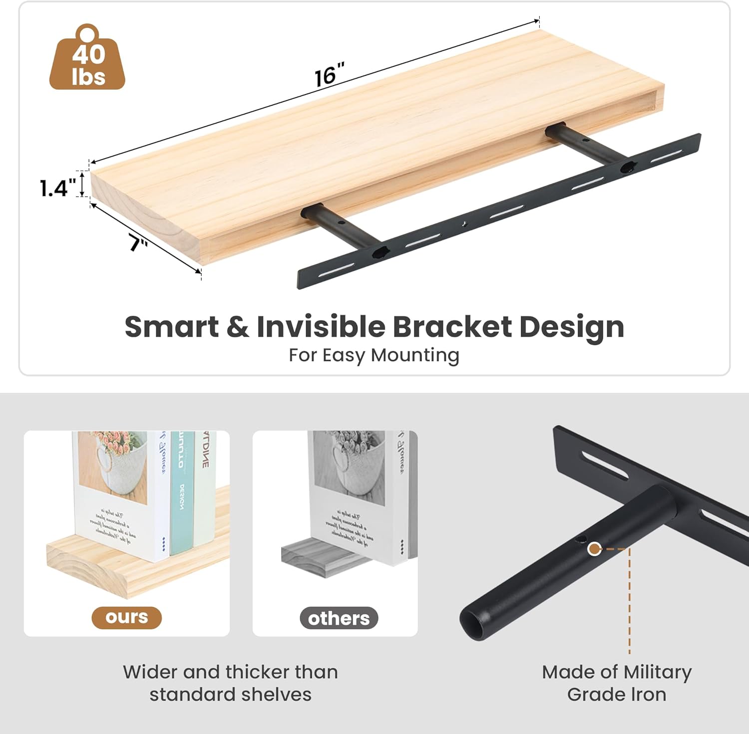 Fun Memories Wood Floating Shelves Set of 2, Rustic Pine Wood Floating Shelves for Wall Mounting, Wide Wall Shelf for Home Decor and Storage, 16 W x 7 D, Natural Unfinished, DIY Stain