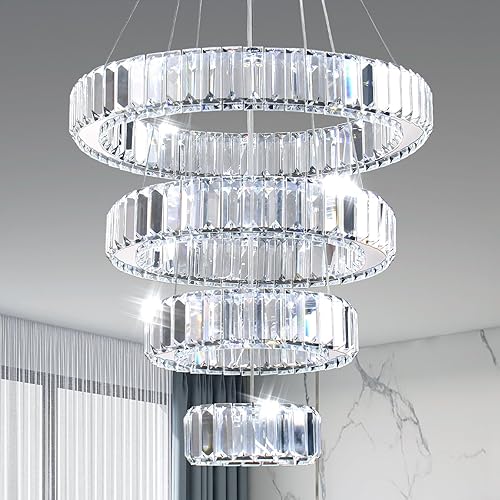 Miniatura 2 de CLAIRDAI Lámparas LED modernas de cristal de alto brillo, 4 anillos, lámpara de techo de acero inoxidable, luces colgantes para dormitorio, sala de
