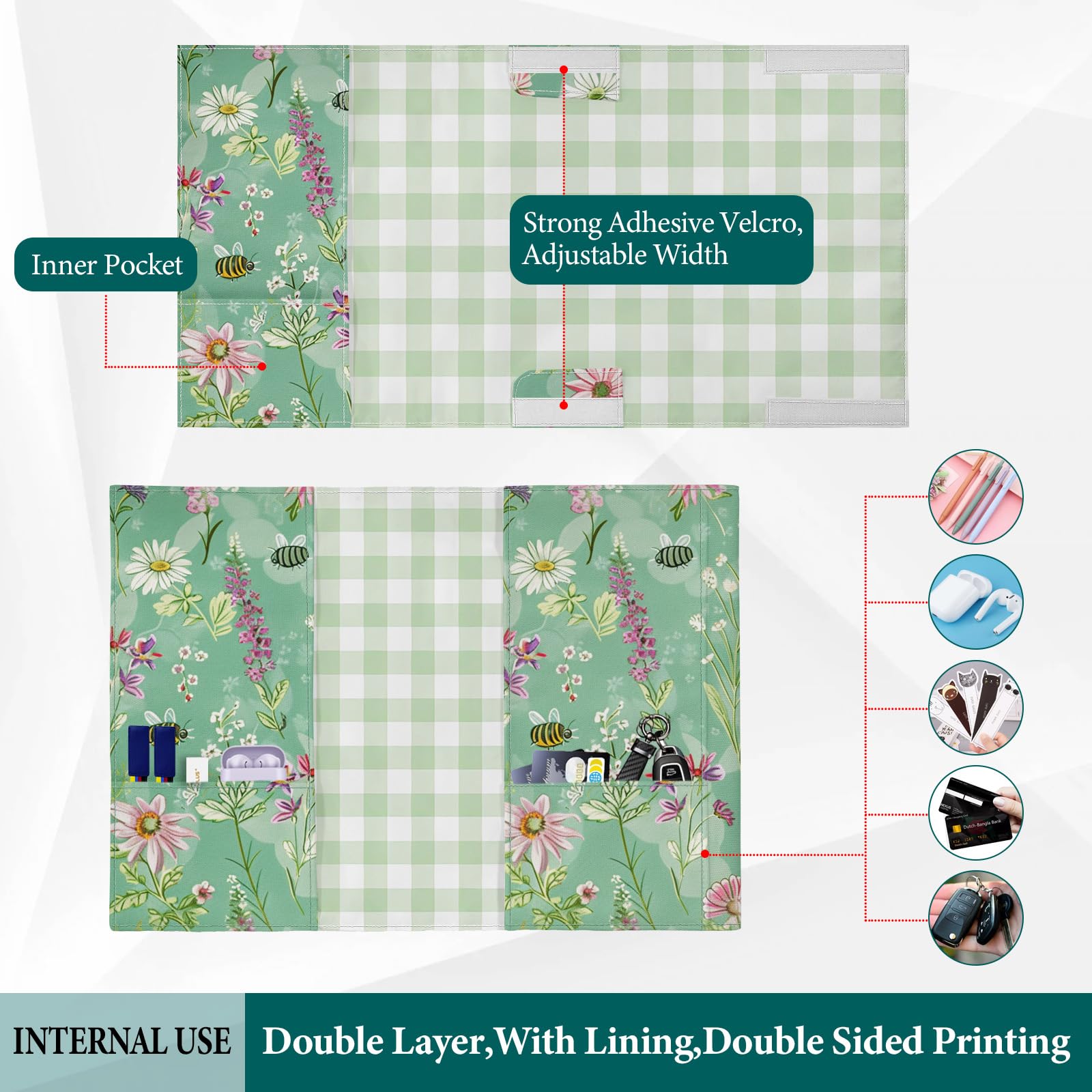 Fundas ajustables para libros, protector de libros de tela de lona lavable con bolsillos, marcapáginas, doble cara con estampado floral, funda para libro de tapa dura, novelas, libros de texto,