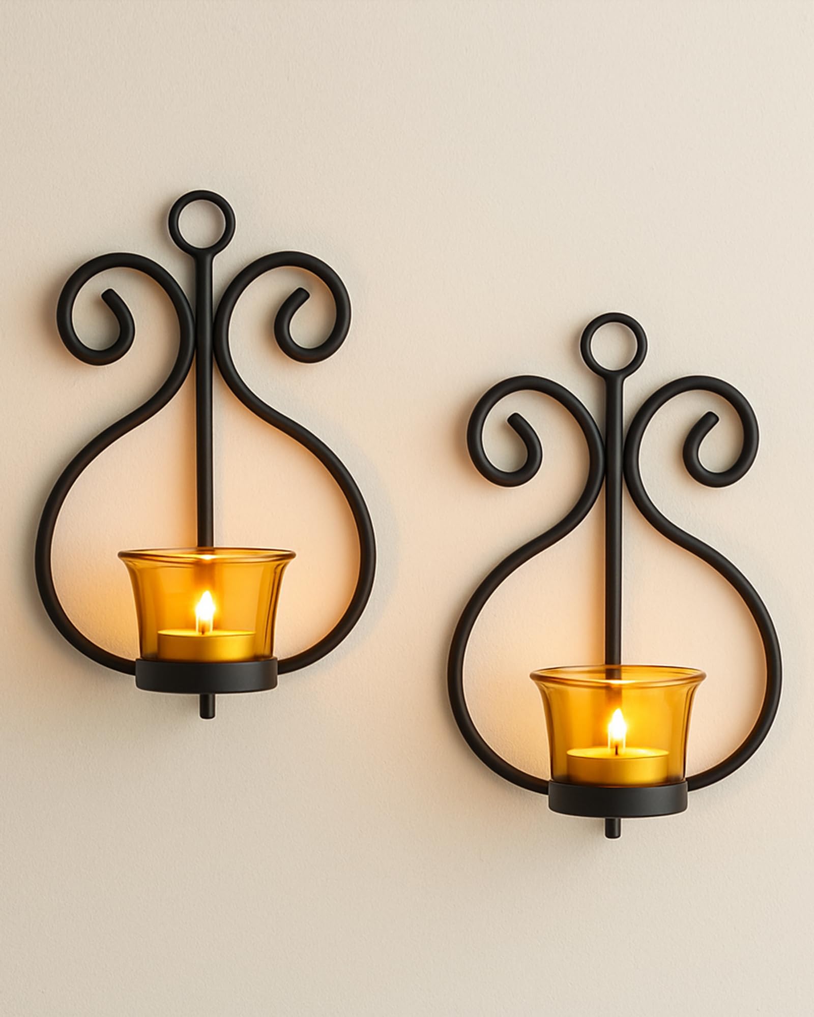 Wall Candle Sconce Set of 2 Wrought Iron and Glass Candle Holders, Black with Glass, Free T-Light Candles (Yellow)