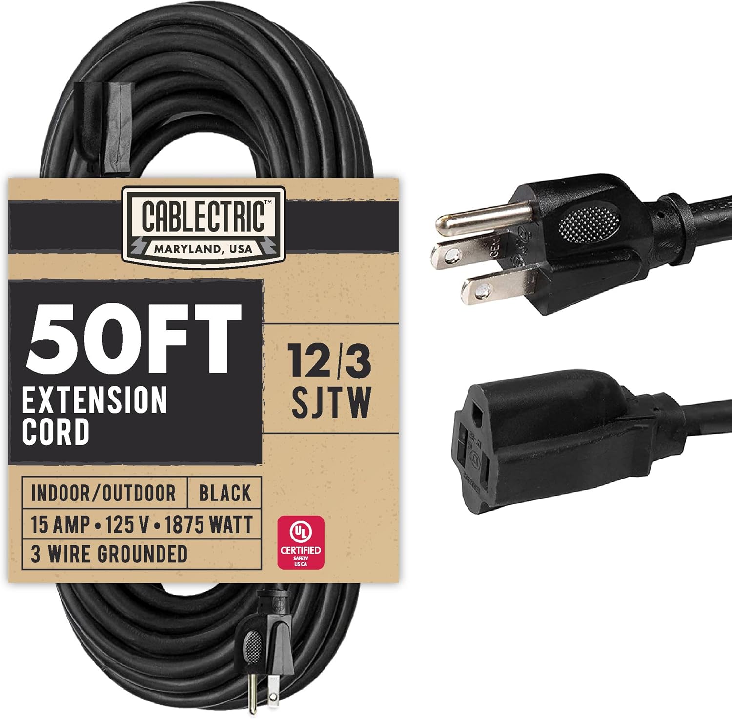 50 Ft Black Oil Resistant Extension Cord for Farms & Ranches - 12/3 SJTOW Heavy Duty 12 Gauge Outdoor Cable with 3 Prong Grounded Plug, 15 AMP