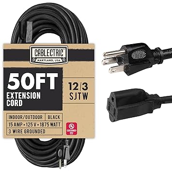 Cablectric 50 Foot Oil Resistant Black Extension Cord for Farms and Ranches, 12/3 SJTOW Heavy Duty 12 Gauge with 3-Prong Grounded Plug, 15 Amp