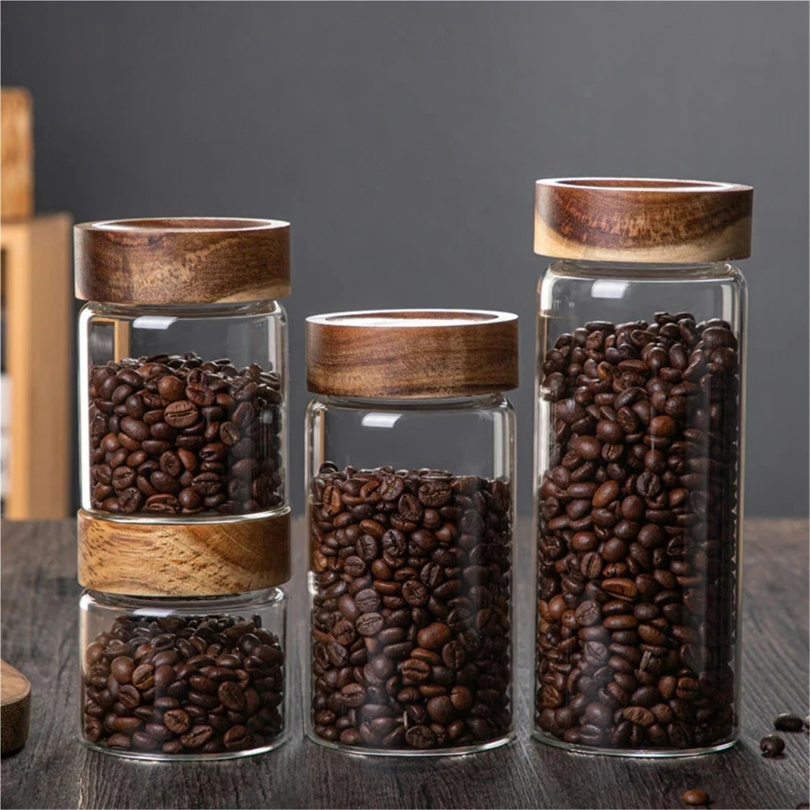Glasgefäße mit Deckel, Küchen-Aufbewahrungsflaschen, Glas, Holzdeckel, luftdichter Behälter aus Glas, versiegelter Lebensmittelbehälter for Tee, Kaffeebohnen, Getreide, Süßigkeiten, Gläser, Organizer