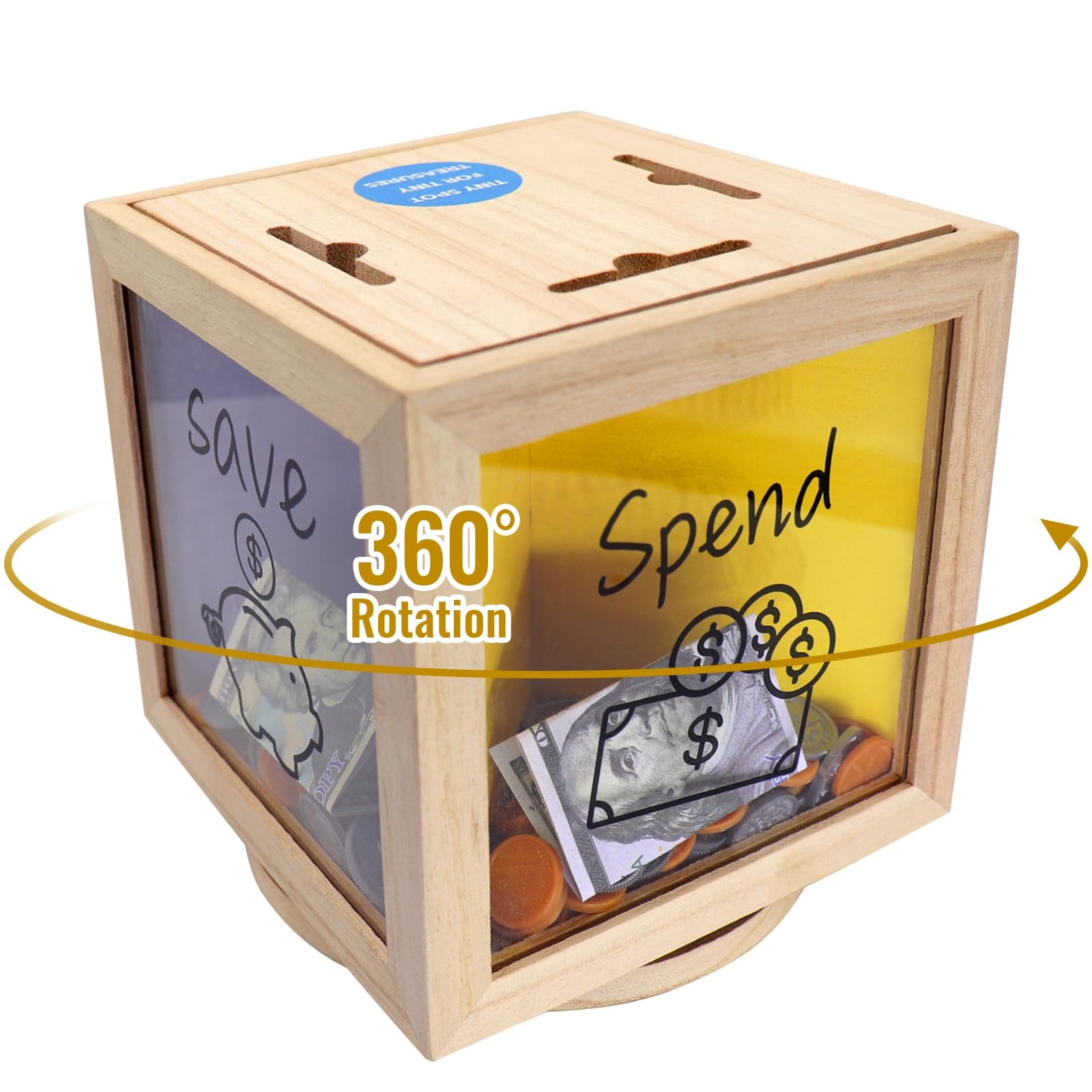 Mczxon Rotatable Give Save Spend Money Saving Box for Kids, Wooden Money Coin Saving Piggy Bank Jar Box for Kid Safe Money Saver Teach Children About