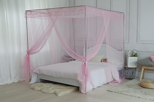 Miniatura 3 de Toldo de cama, red de cortina de cama de princesa para niñas y adultos, red rectangular de cúpula de encaje de tres puertas (rosa, Queen)