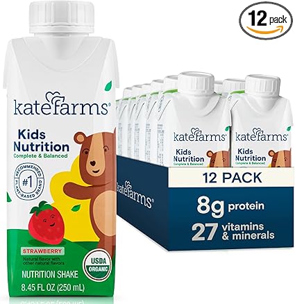 KATE FARMS Organic Kids Nutrition Strawberry Shake, 8g Protein, 27 Vitamins and Minerals, Meal Replacement, Gluten Free, Non-GMO, 8.45 oz (12 Pack)