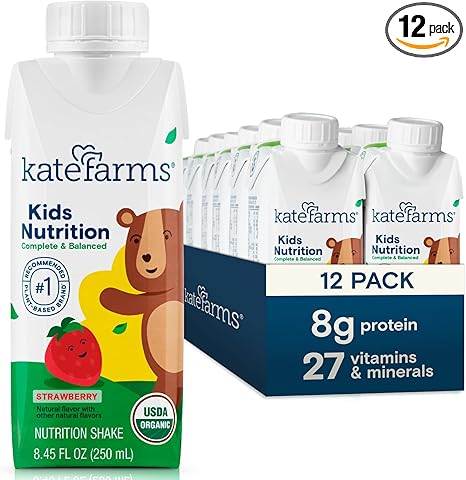KATE FARMS Organic Kids Nutrition Strawberry Shake, 8g Protein, 27 Vitamins and Minerals, Meal Replacement, Gluten Free, Non-GMO, 8.45 oz (12 Pack)