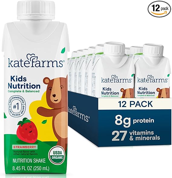 KATE FARMS Organic Kids Nutrition Strawberry Shake, 8g Protein, 27 Vitamins and Minerals, Meal Replacement, Gluten Free, Non-GMO, 8.45 oz (12 Pack)