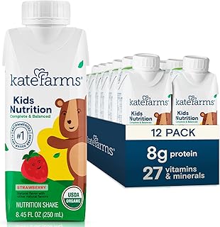 KATE FARMS Organic Kids Nutrition Strawberry Shake, 8g Protein, 27 Vitamins and Minerals, Meal Replacement, Gluten Free, Non-GMO, 8.45 oz (12 Pack)