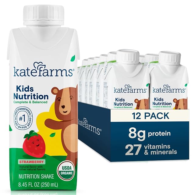 KATE FARMS Organic Kids Nutrition Strawberry Shake 8g Protein 27 Vitamins and Minerals Meal Replacement Gluten Free Non-GMO