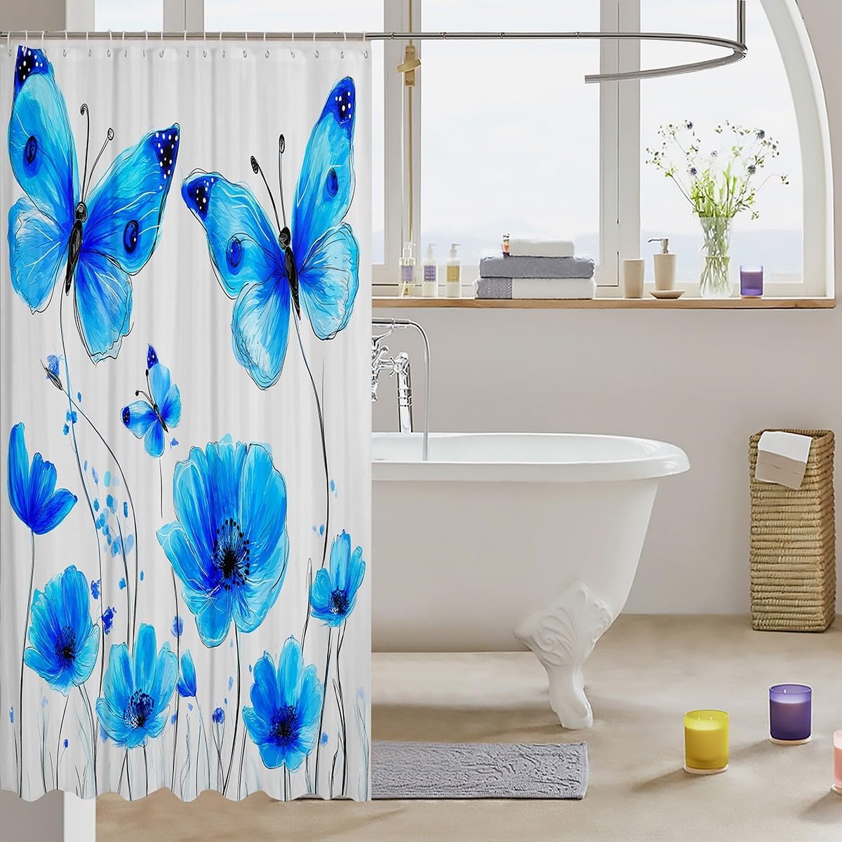 Blue Butterfly Shower Curtain Blue Blossom Floral Bath Curtain For Kids Girls Women Shower Curtain Butterflies Chic Garden Style Bathroom Accessories Spring Romantic White With Hooks 72" W x 84" L