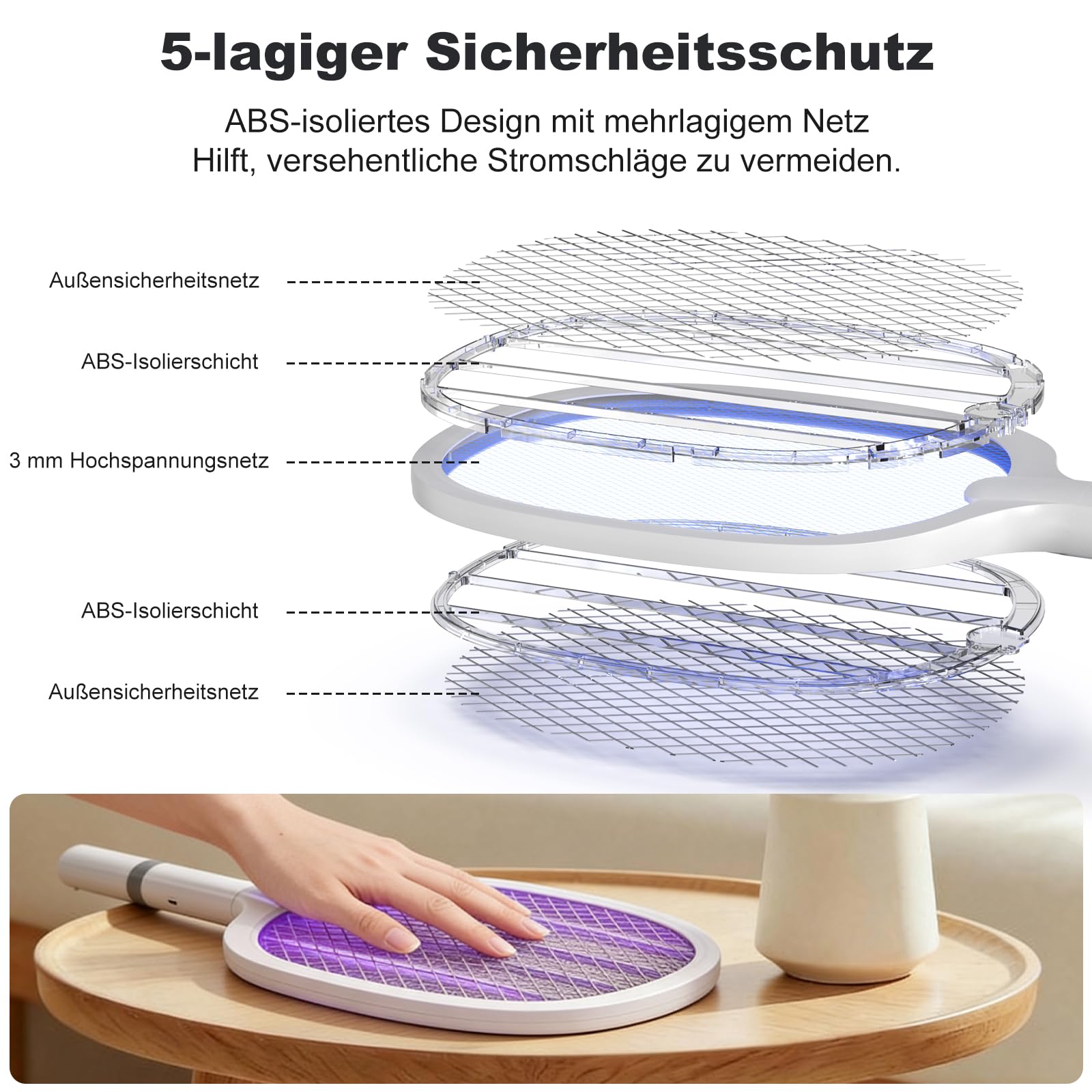 Raquette Electrique Insectes 5000V, 2000mAh,Raquette-Anti Moustique, USB C Rechargeable Raquett e Anti Mouche avec Base Stable, Efficace Contre Les Mouches Insectes