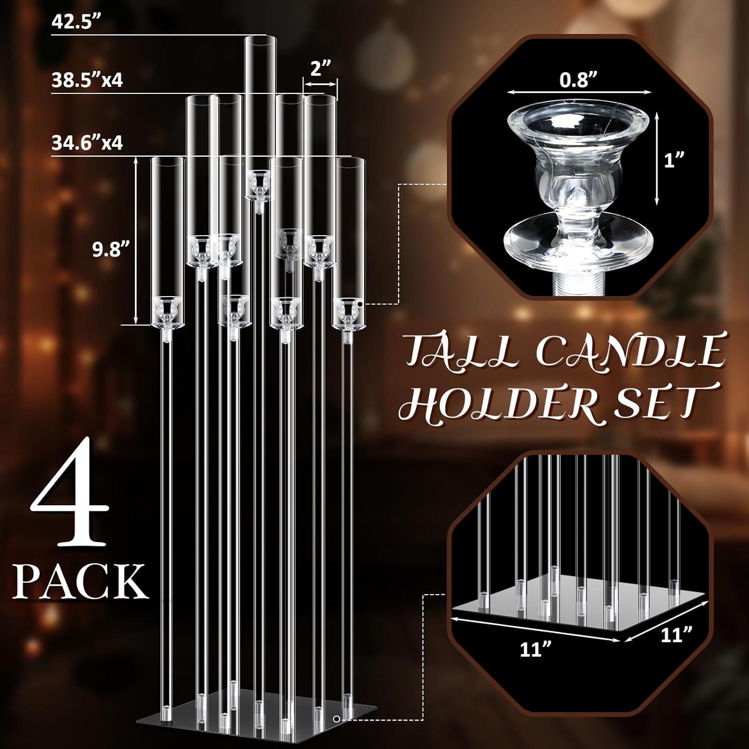 Tessco 4 Set 9 Arm Acrylic Candelabra Candle Holder 42.5'' Clear Candelabra Centerpieces for Wedding, Candlesticks Holder with Lampshade Metel Mirror Base for Wedding Christmas Dinner Party Decor