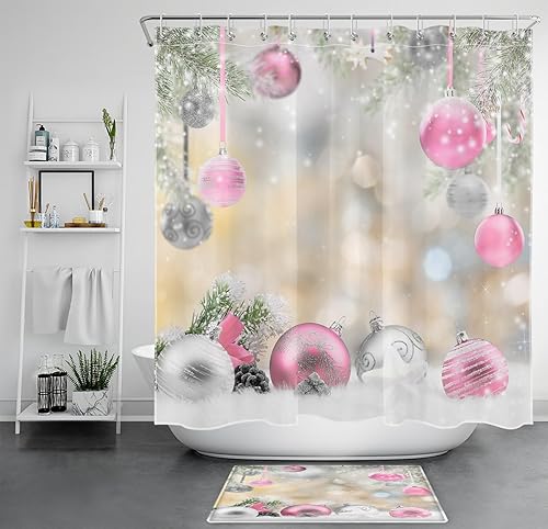 LB Pink Christmas Shower Curtain Sets with Rugs Silver Xmas Ball with Green Fir Branches Winter Holiday Fabric Shower Curtain with Hooks New Year