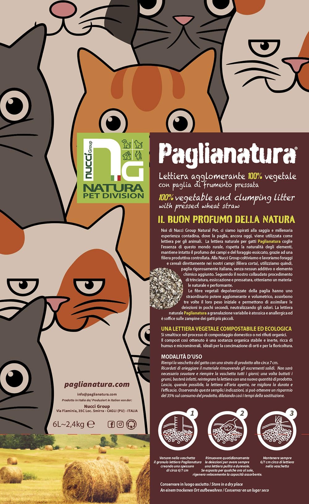 Paglianatura 6-częściowy zestaw naturalny żwirek dla kotów 2,4 KG/6 LT — wysoka chłonność, przyjazny dla środowiska, bezwonny, łatwy do czyszczenia