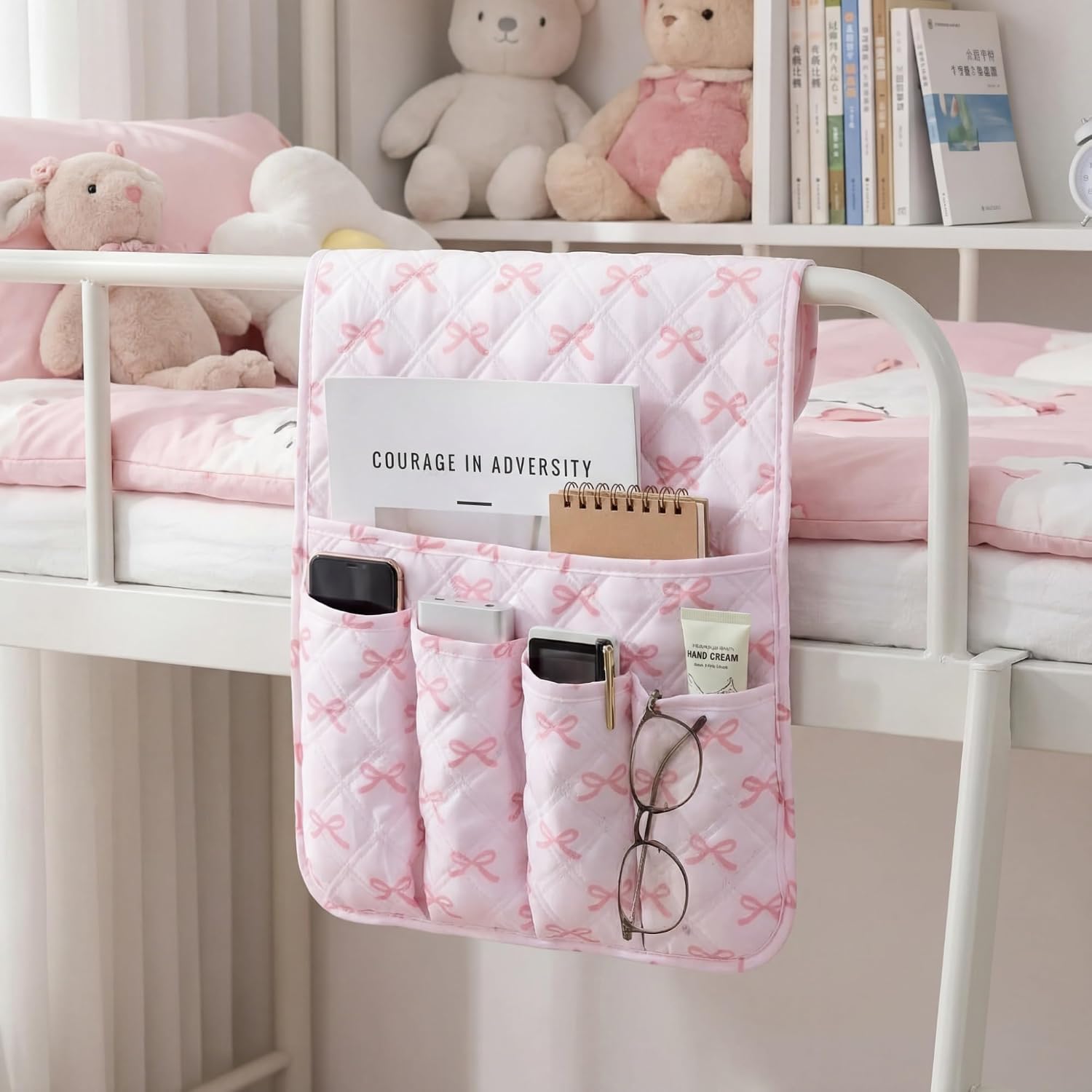 HunnmingRe Pink Bow Sofa Armrest Organizer Coquette Non-slip Remote Control Holder Couch Caddy Washable 5 Pockets Sofa Armrest for Recliner Arm Chair Magazine Phone 35" X13" Pink Home Decor