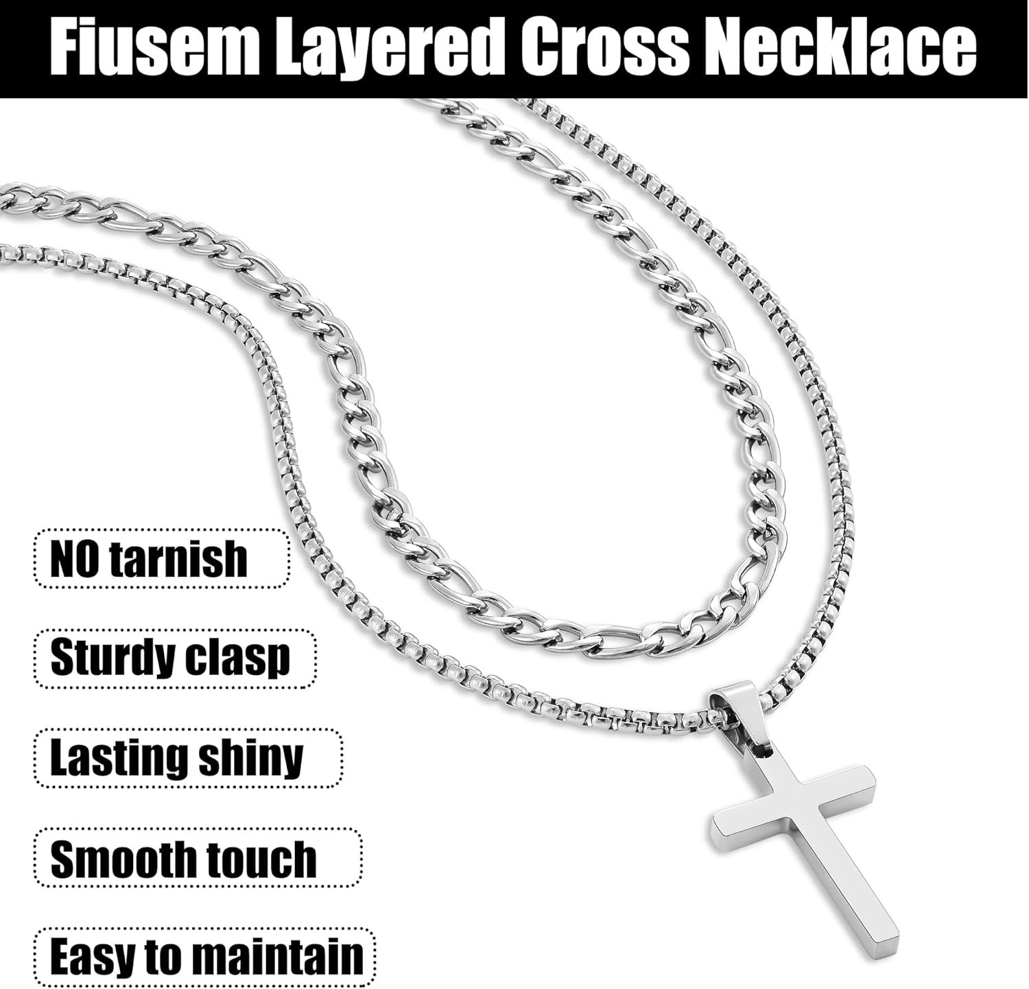 Fiusem 2 Pcs Cross Necklace Chain for Men and Women, Stainless Steel Layered Mens Cross Necklaces with Pendant, Figaro and Box Chain 16-24 Inch - Image 5
