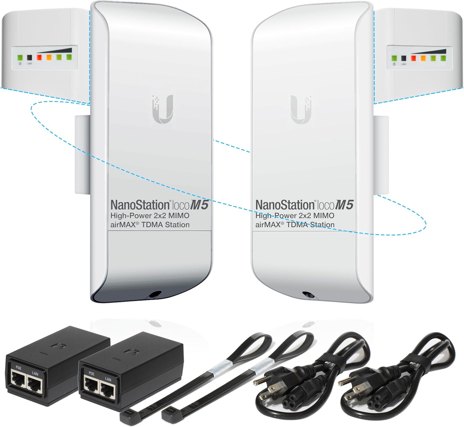 Wireless Bridge Ubiquiti LOCOM5 PRE-CONFIGURED, Bundle of 2 Ubiquiti Nanostation LOCO M5, Point to Point Outdoor WiFi Bridge, Plugh and Play, 5GHz, 150+Mbps, 10+km Link Range, Network Bridge.