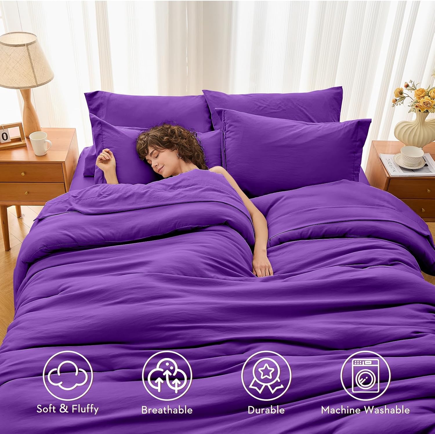 MUXHOMO 7 Pieces King Comforter Set, Soft Bed in a Bag King Size, All Season Bedding Set with Comforter, Flat Sheet, Fitted Sheet, Pillowcases & Shams, Purple - Image 2