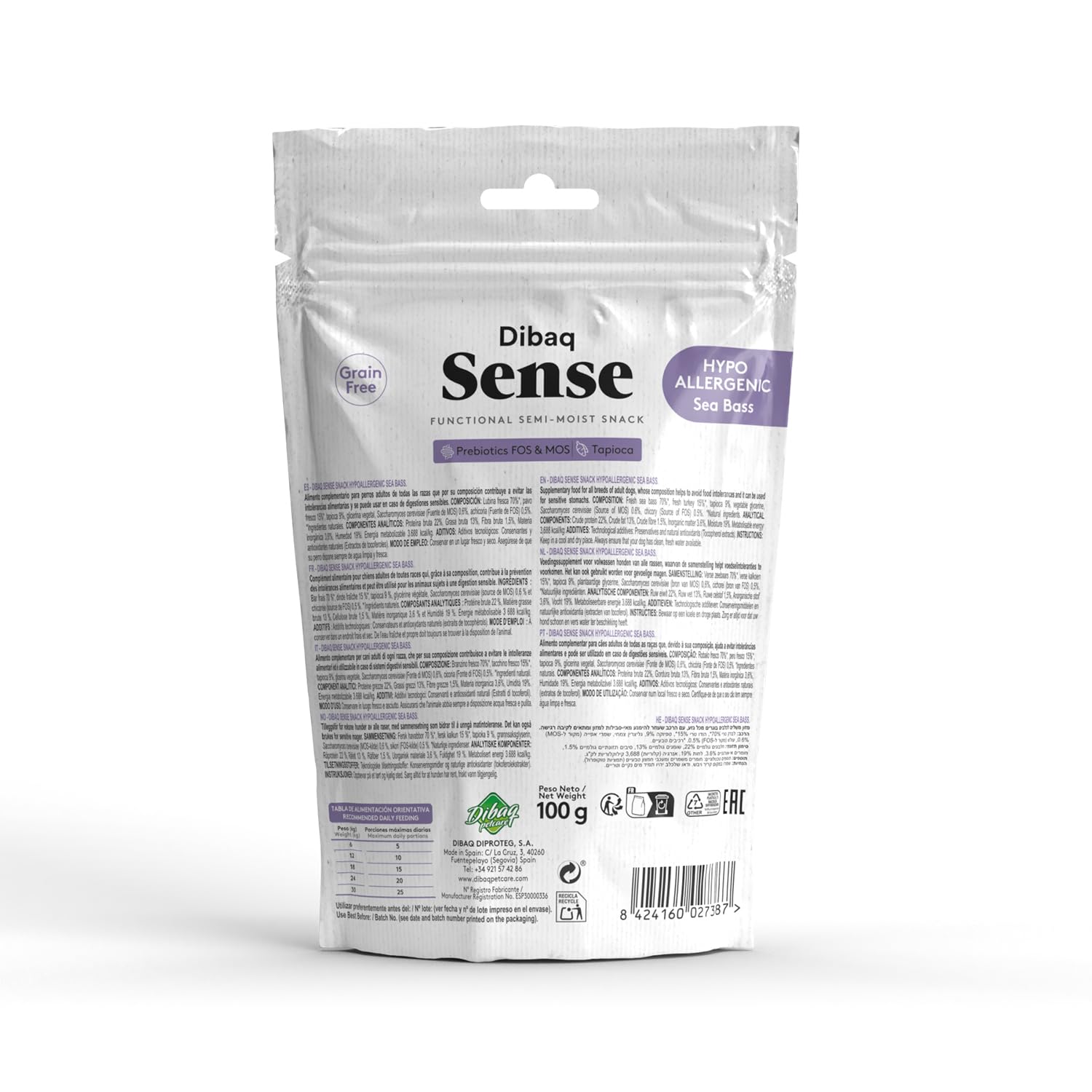 Dibaq Sense Dog, Snack pour chiens, sans grain, hypoallergénique, bar sans céréales, lot de 8 x 100 g