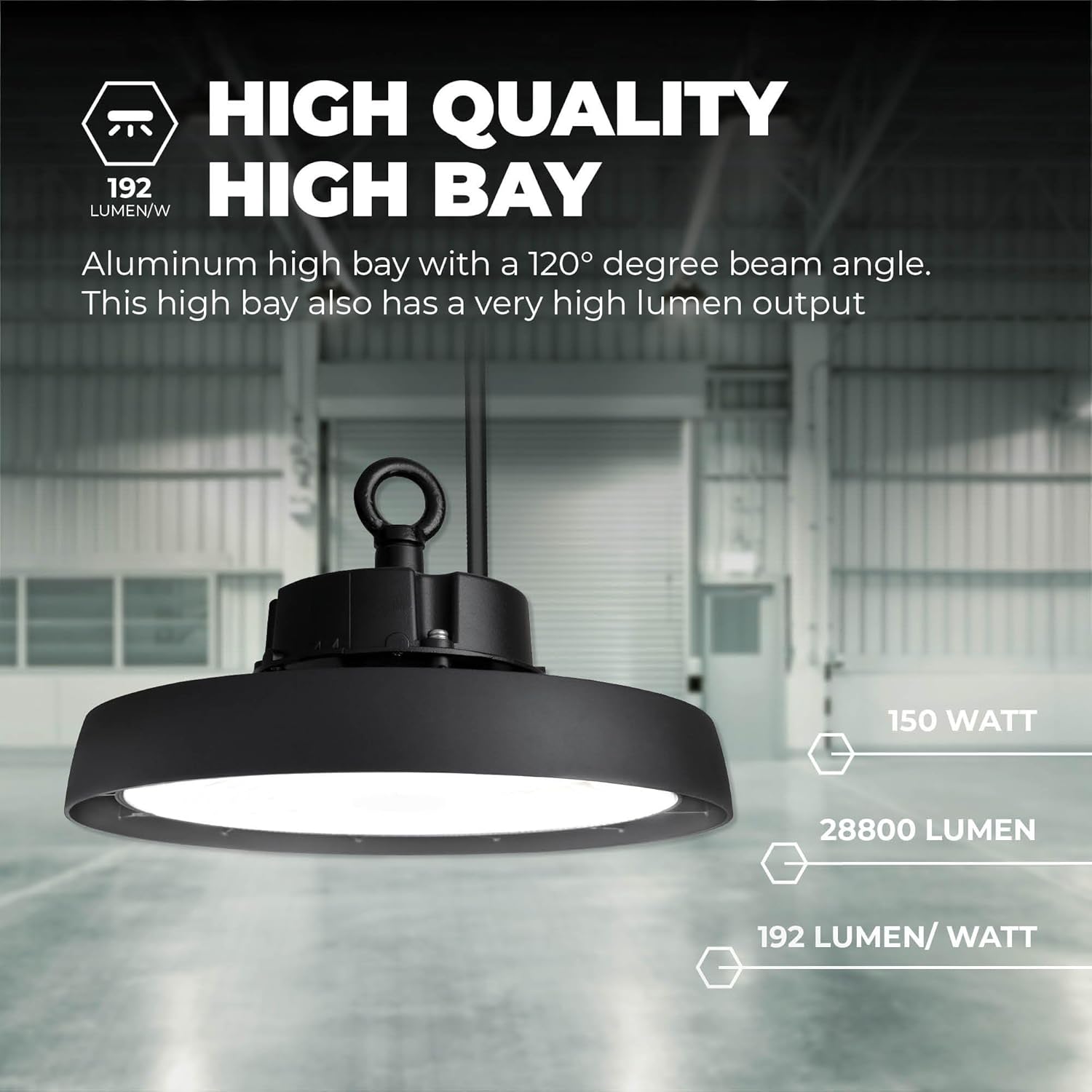 Ledvion UFO LED High Bay Light showing 150W, 28800 lumens, 192 lm/W