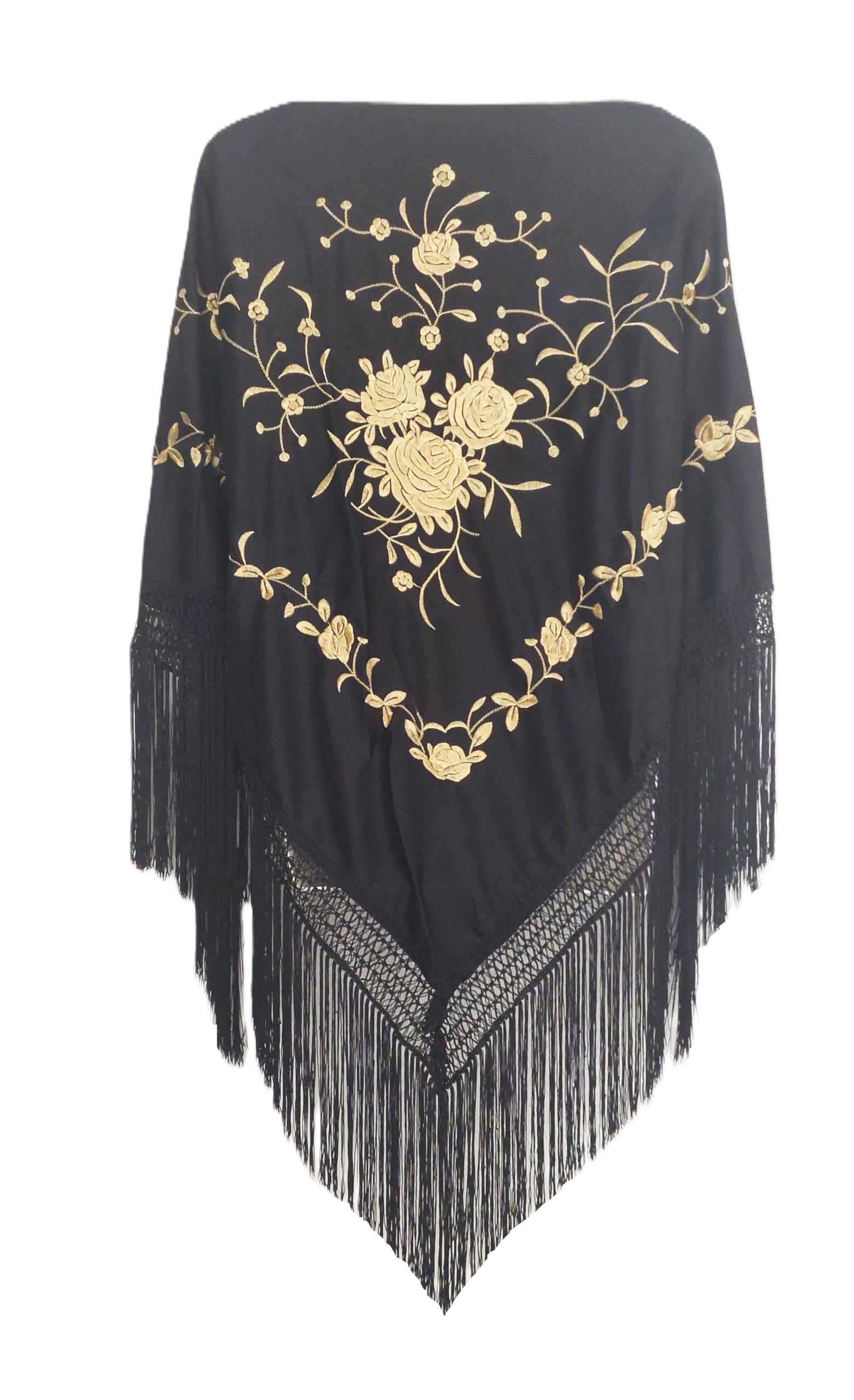 Flamifeel Triangular Embroidered Shawl with Fringes 150/100/20, Black / Yellow, M