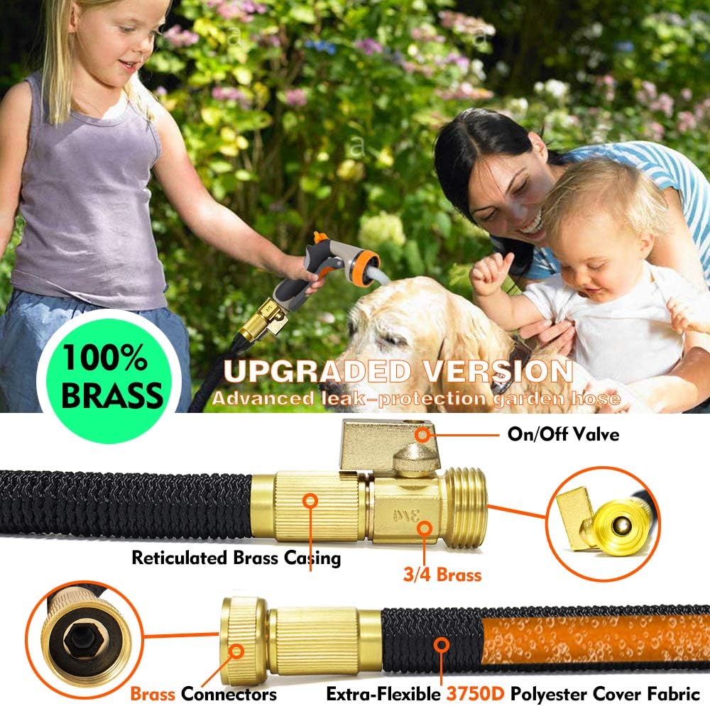 50ft Expandable Garden hose with 8 pattern hose nozzle - 3/4’’ Solid Brass Fittings with Protective Washer No leak & Rust - Portable Storage Bag Easy Carry and Use