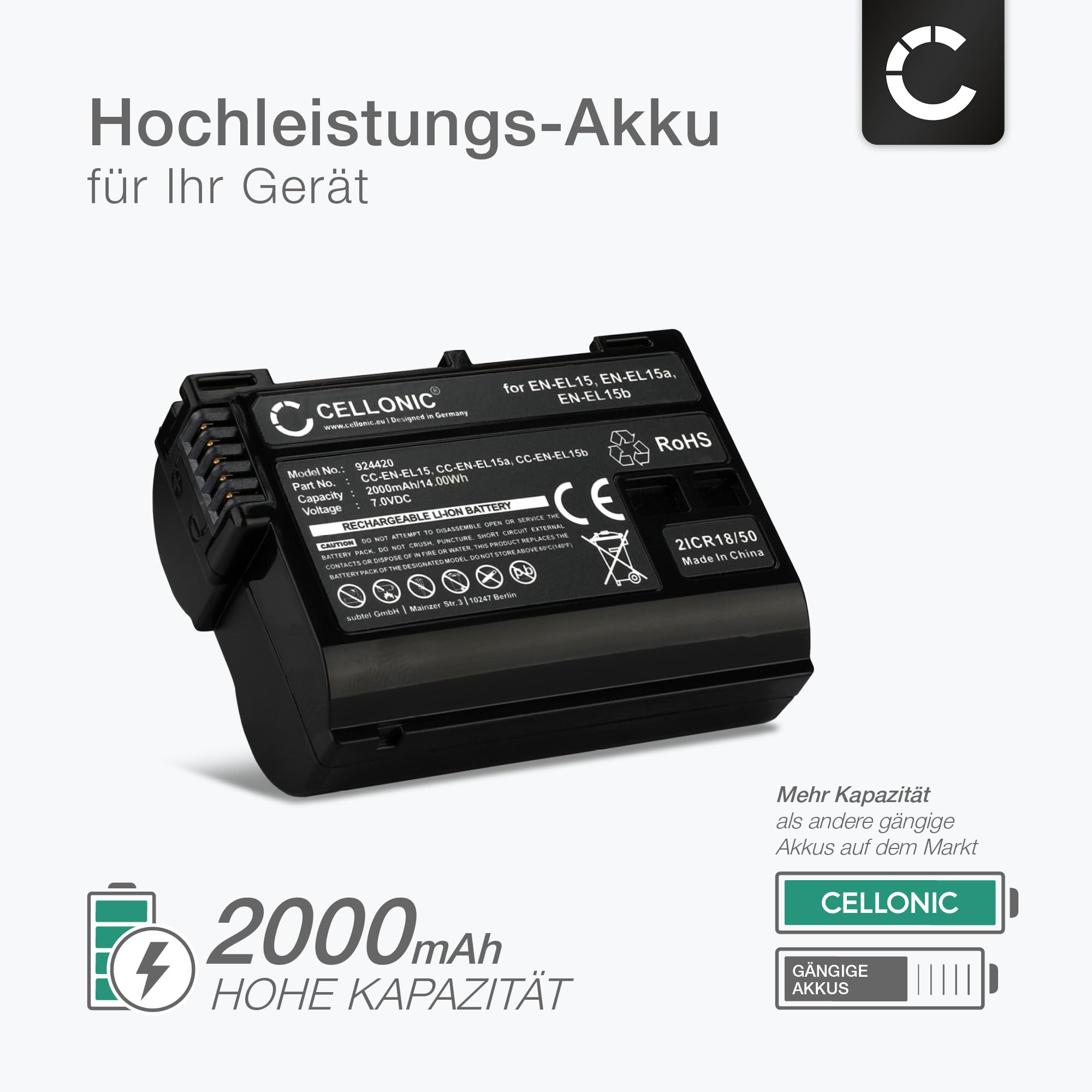 EN-EL15/EL15A/15B oplaadbare batterij 2550mAh (1-delig) compatibel met Nikon D7000, D7000, D7100, D7200, D7500, D500, D600, D600E, D610, D750, D780, D800, D800E, D810, D810E, D850, V1, Z5, Z6